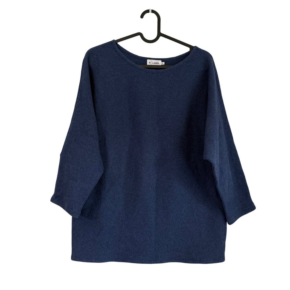 R Label Navy Blue Ribbed Cotton Linen Dolman Sleeve Sweater Womens Size Small